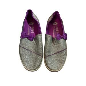 Lil Bobs Skechers Memory Foam Glitter Silver Purple Bow Sneaker Slip-On Youth 6